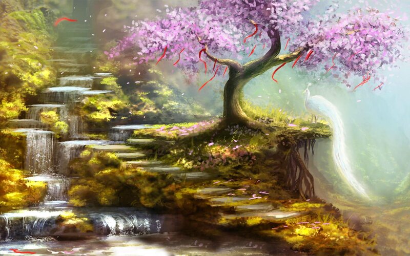 White Peacock under Tree — Purple, Serene, Spring