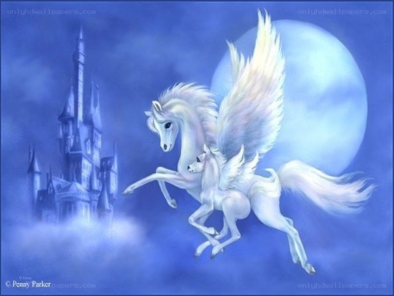 White Pegasus Flying at Night