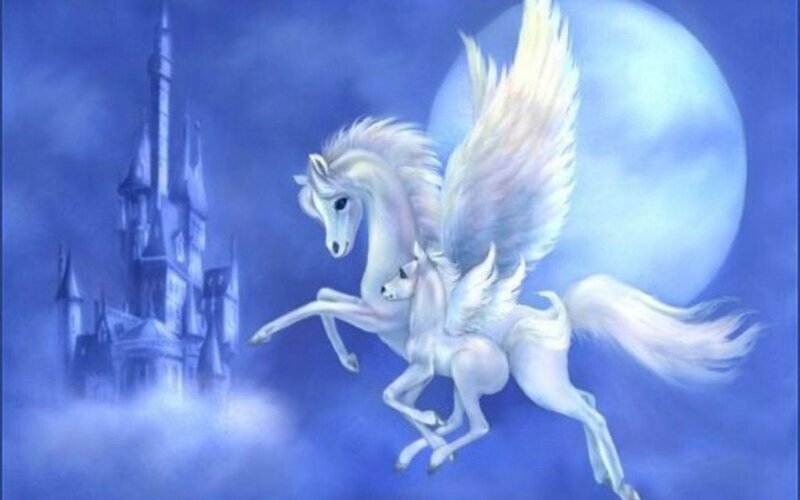 White Pegasus Flying at Night