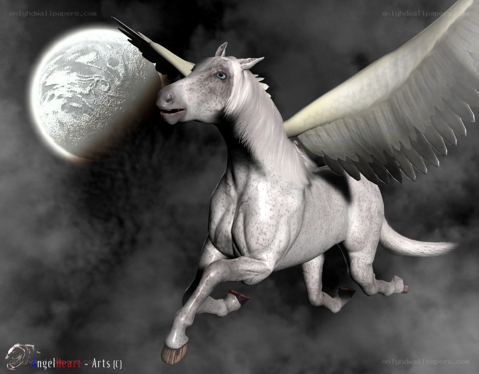 White Pegasus Flying in Moonlight