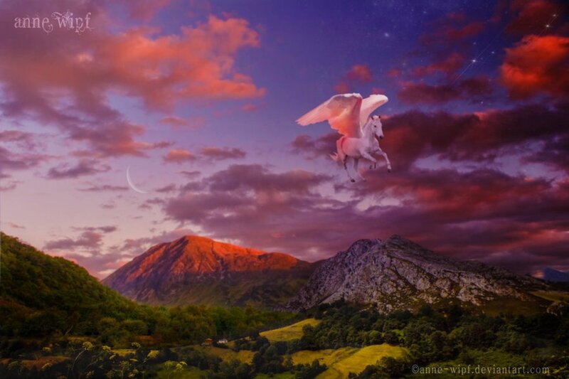 White Pegasus Flying — Purple, Dramatic