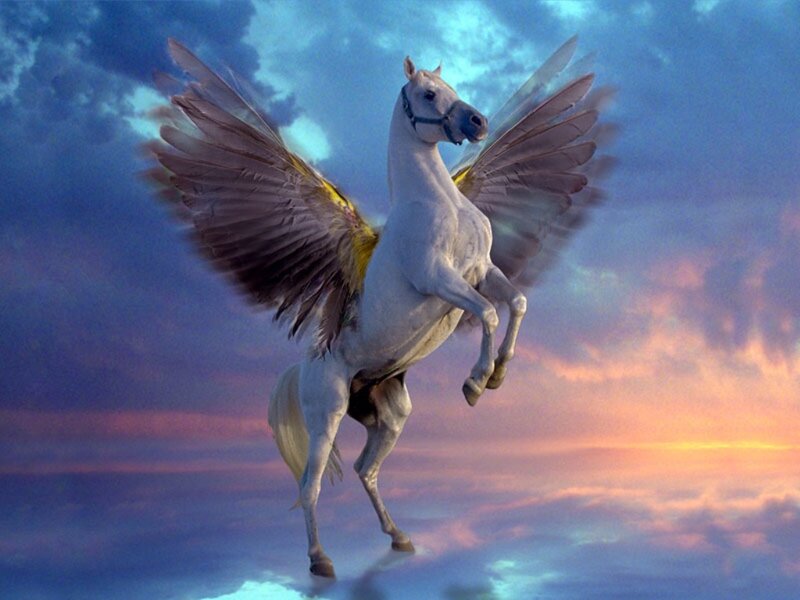 White Pegasus in Flight — Blue, Dramatic