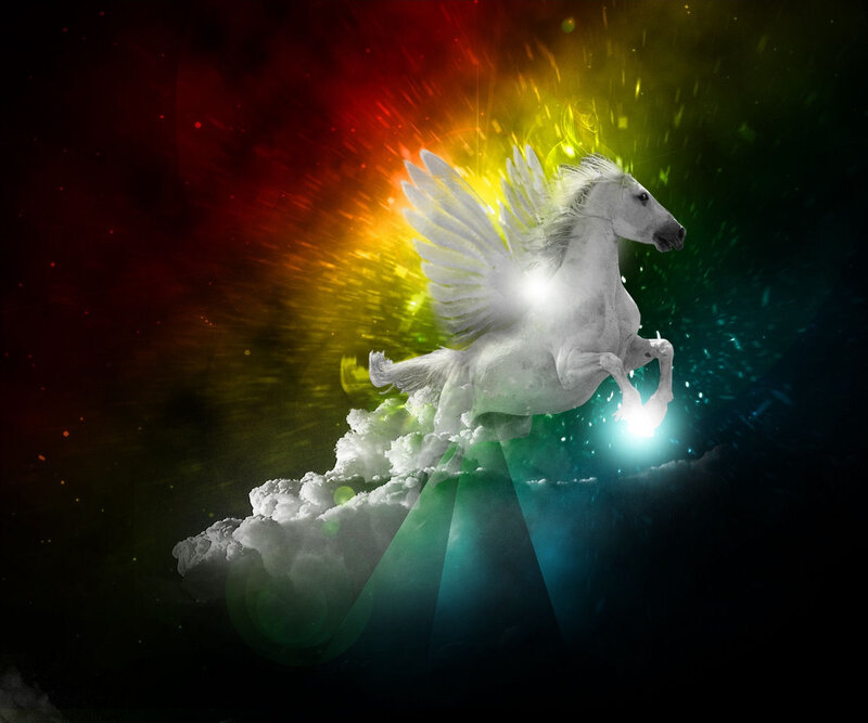 White Pegasus in Flight — Dramatic