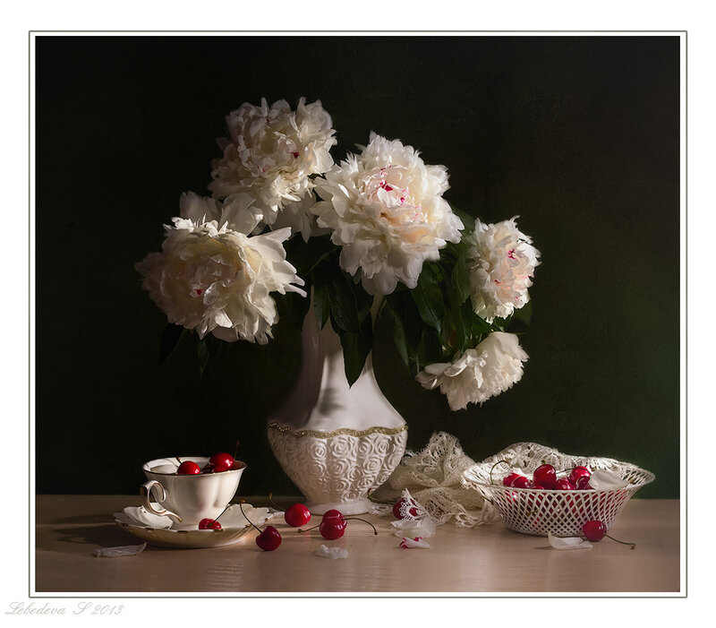 White Peonies and Cherries — Dramatic