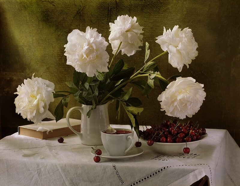 White peonies and cherries