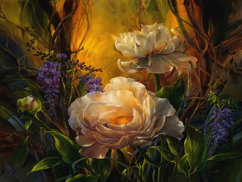 White Peonies and Purple Flowers — Yellow