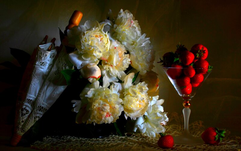 White Peonies and Strawberries — Dramatic, Photograph