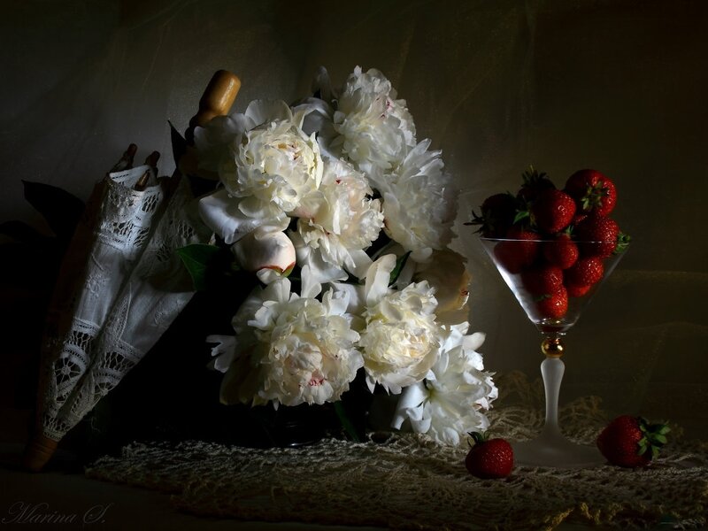 White Peonies and Strawberries — Dramatic, Photograph, Umbrella, Glass