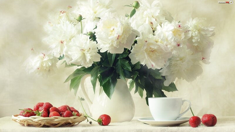 White Peonies and Strawberries — Serene, Morning