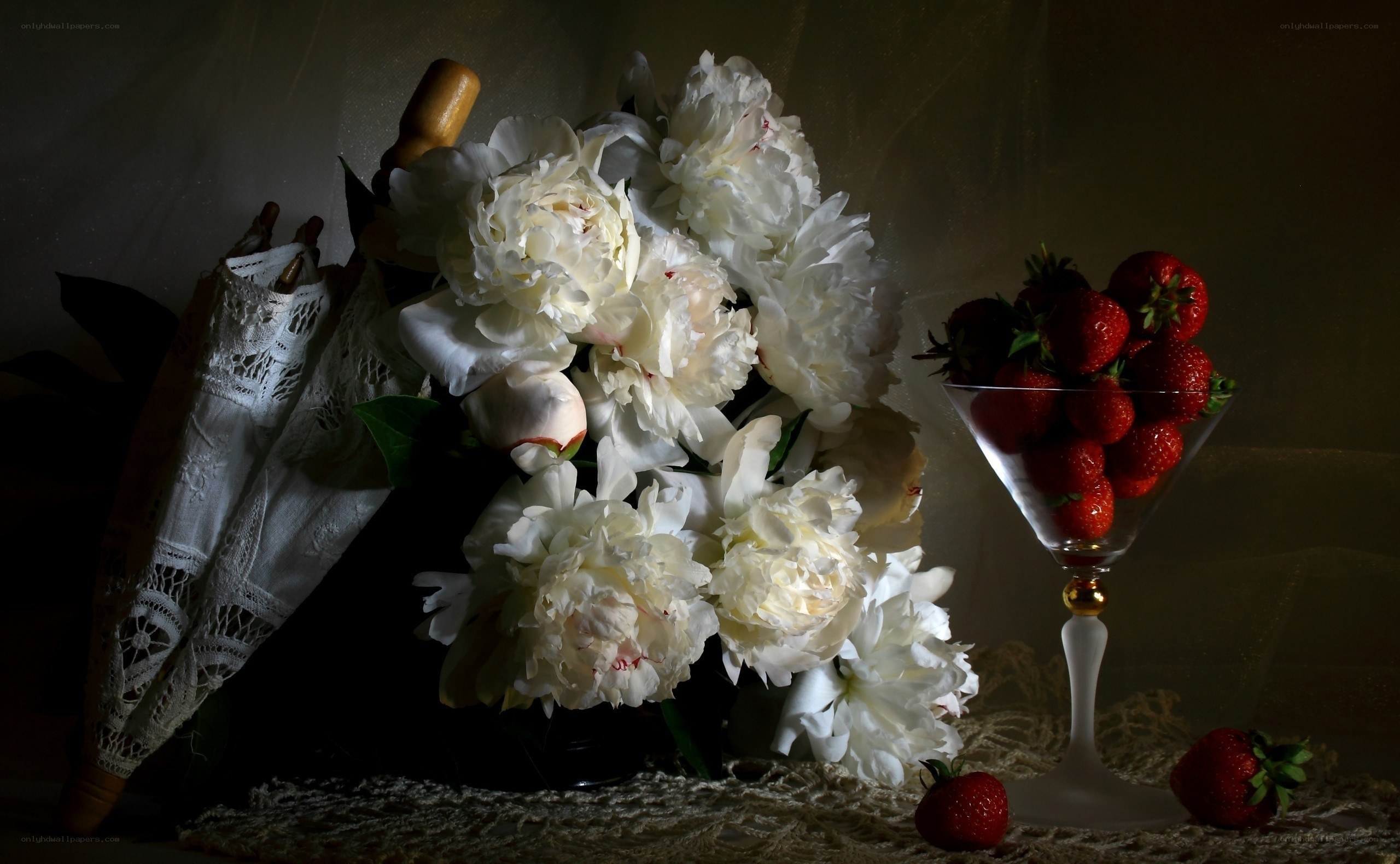 White peonies and strawberries