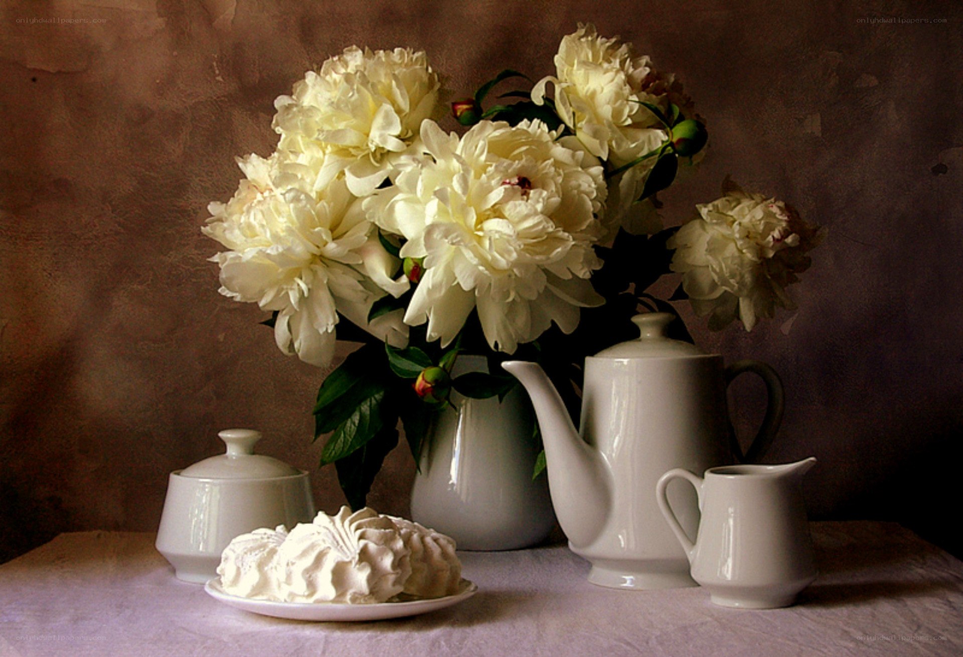White peonies and tea set
