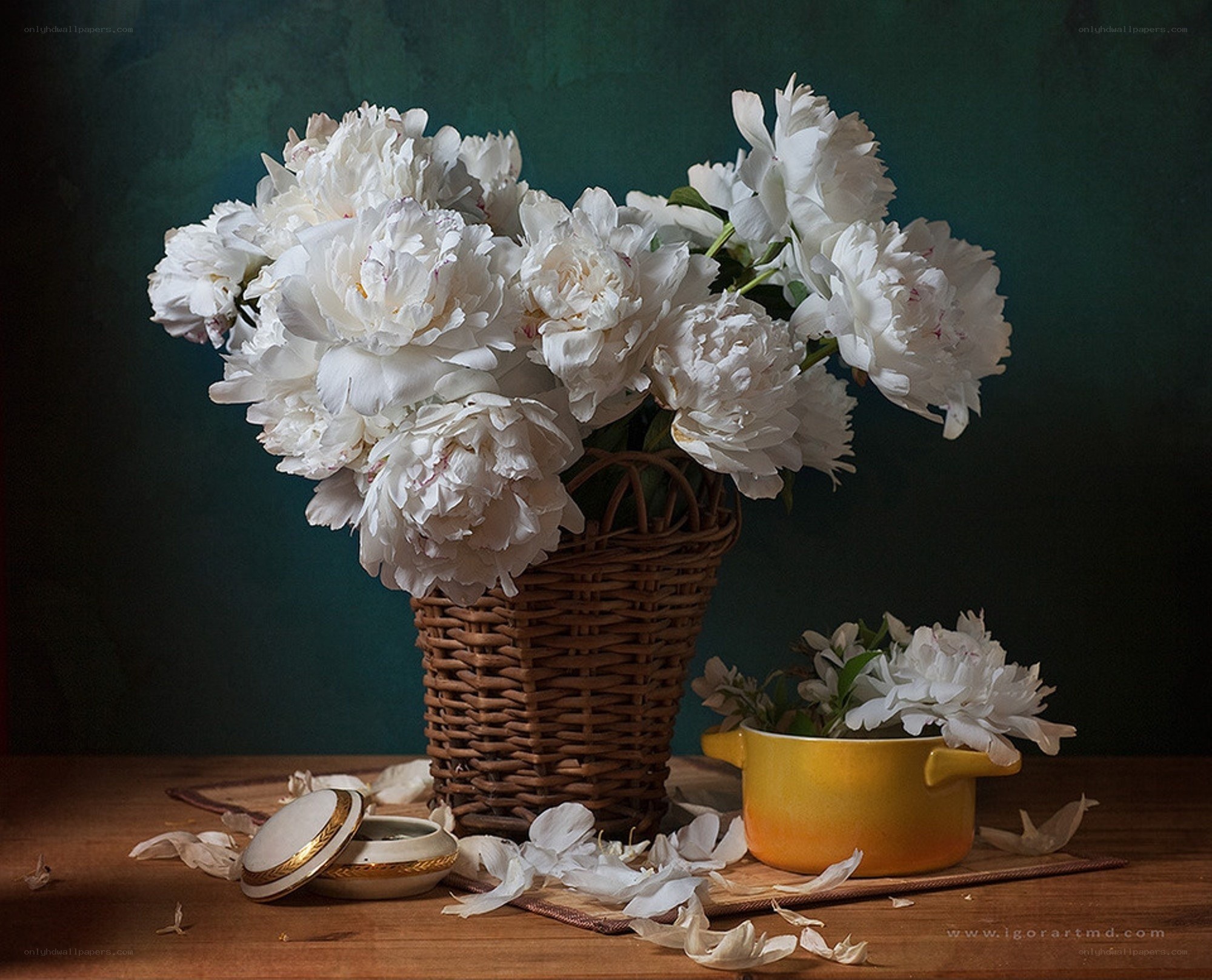 White peonies in a basket
