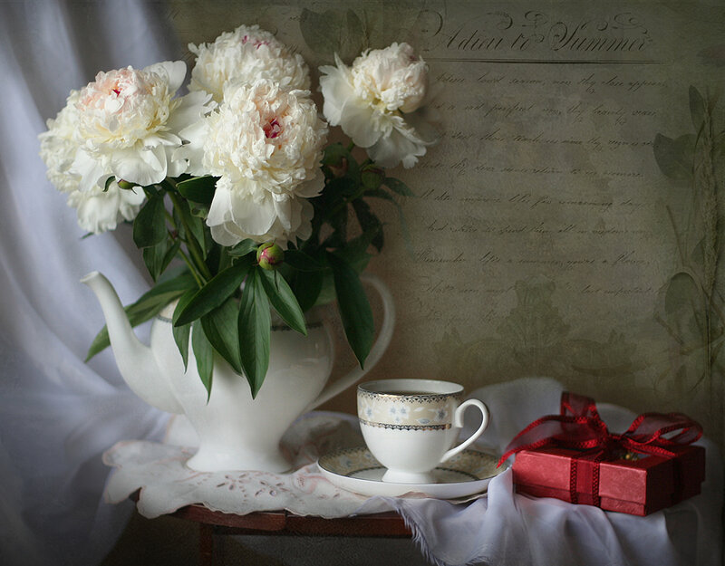 White Peonies in Teapot — Serene