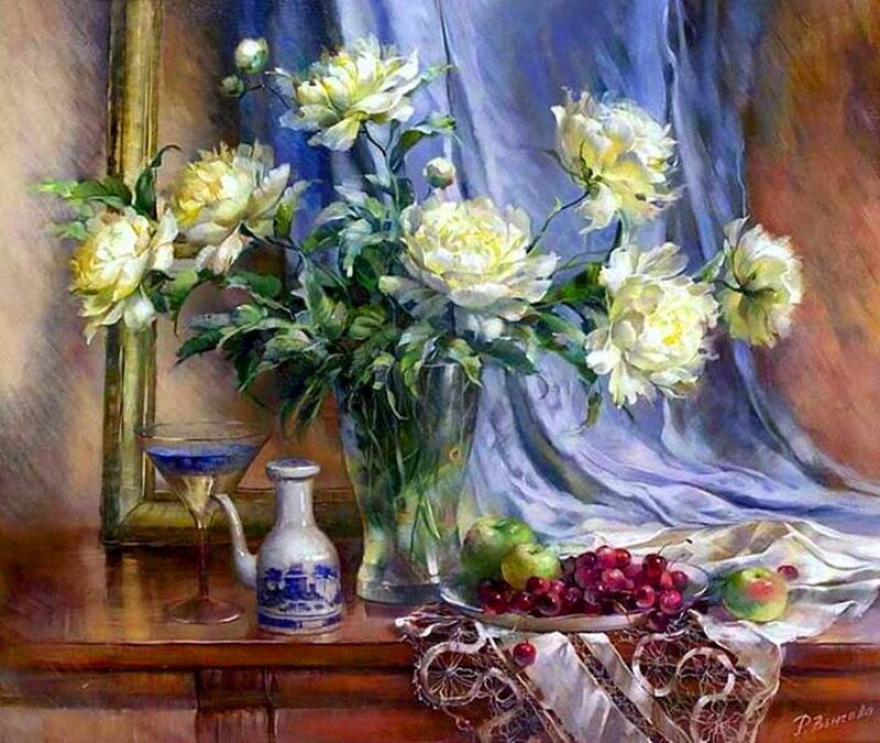 White Peonies in Vase — Blue