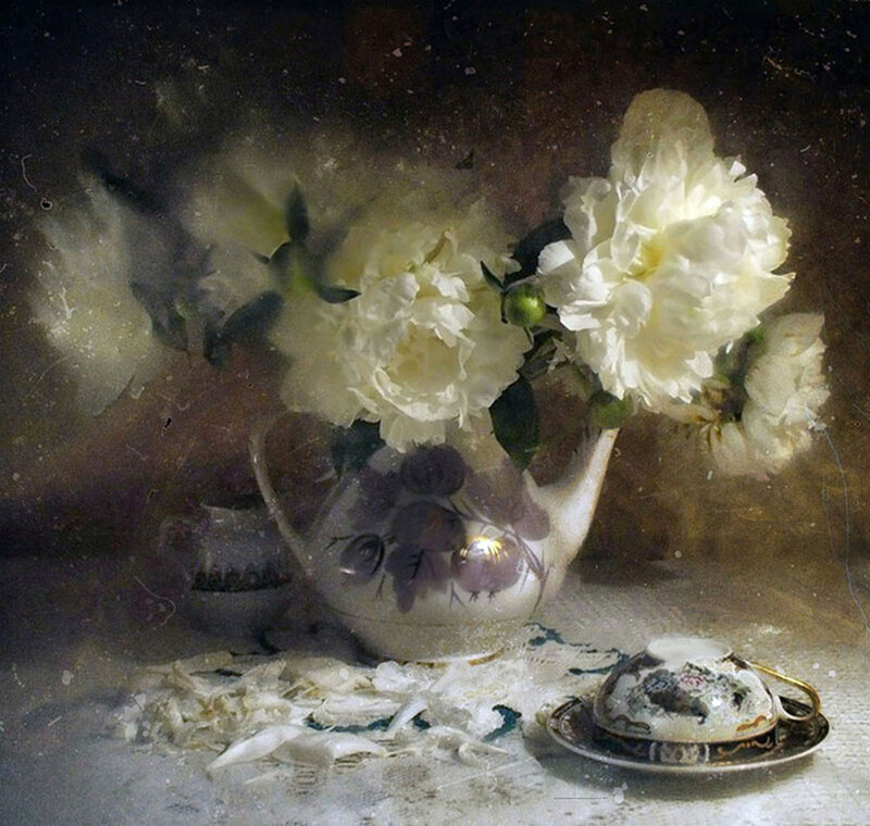 White Peonies in Vase — Dramatic, Painting, Teacup