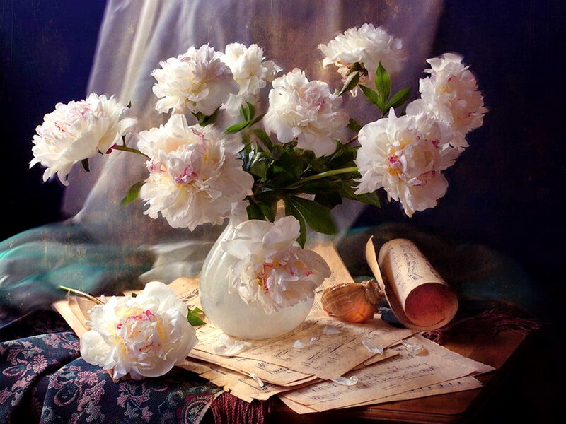 White Peonies in Vase — Dramatic, Painting