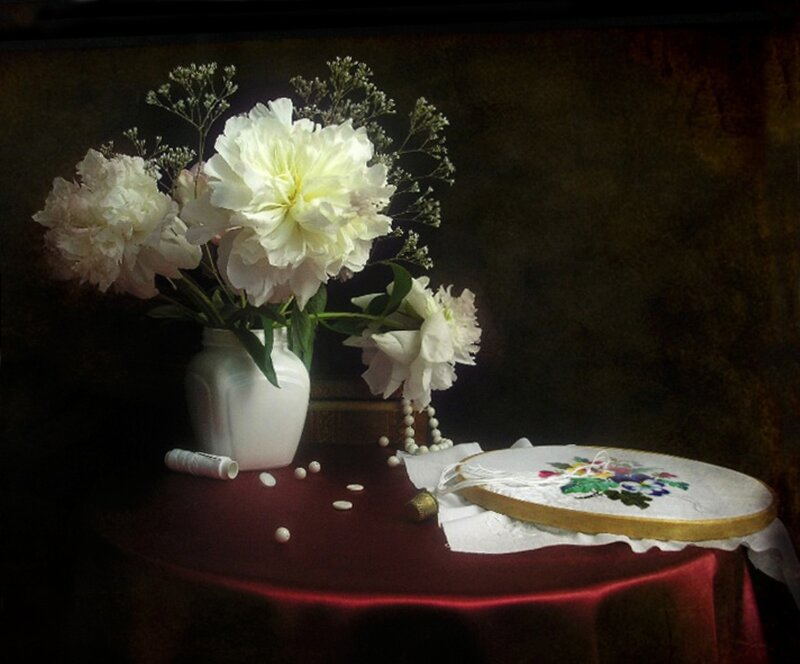 White Peonies in Vase — Dramatic, Photograph, Embroidery Hoop