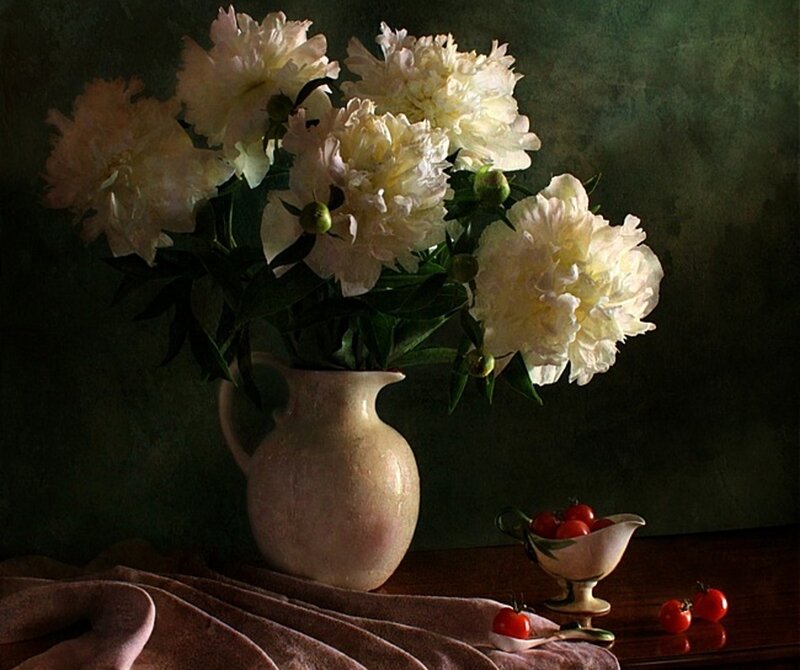 White Peonies in Vase — Green