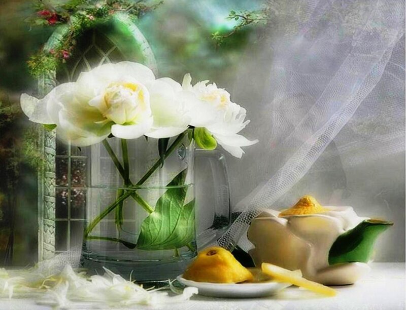 White Peonies in Vase — Serene, Digital Art