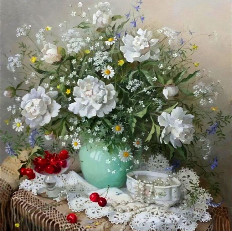White Peonies in Vase — Serene, Painting, Cherries