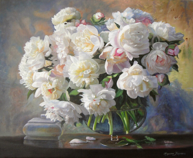 White Peonies in Vase — Serene, Painting, Table