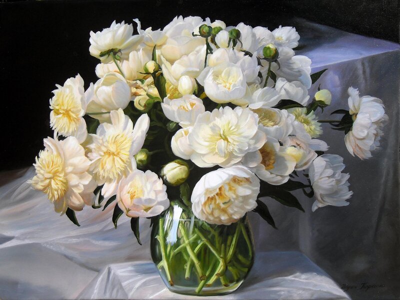 White Peonies in Vase — Serene, Painting