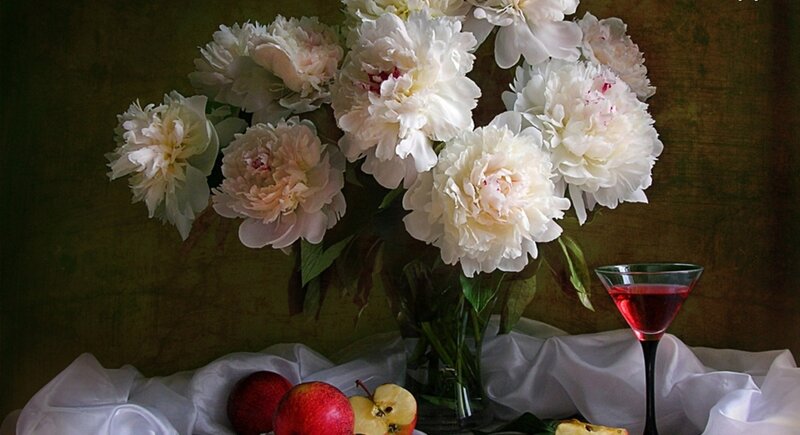 White Peonies in Vase — Serene, Photograph, Apples
