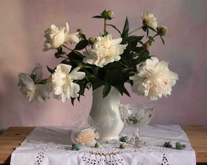 White Peonies in Vase — Serene, Photograph, Glass Bowl