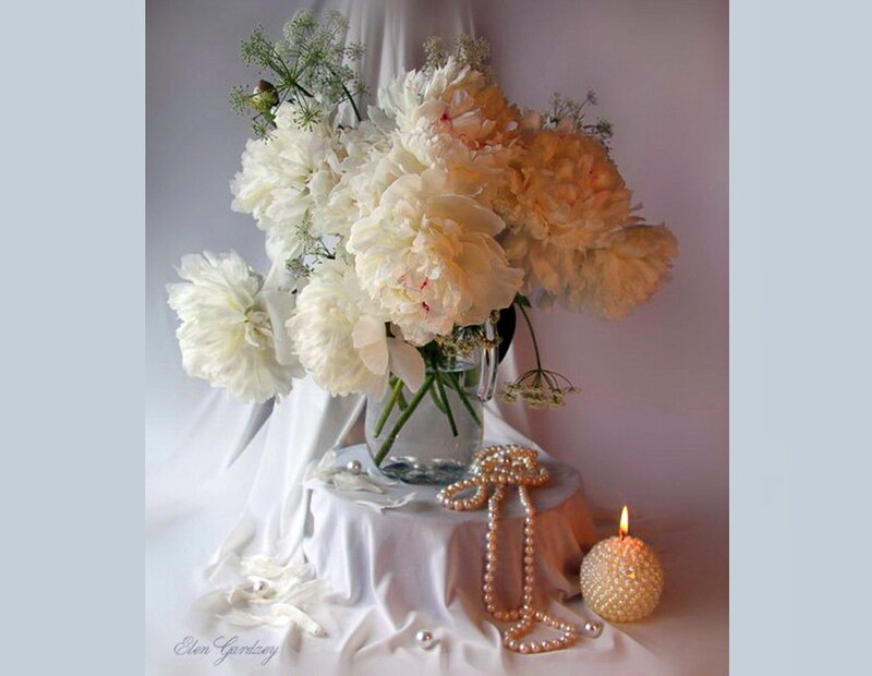 White Peonies in Vase — Serene, Photograph, Pearl Necklace