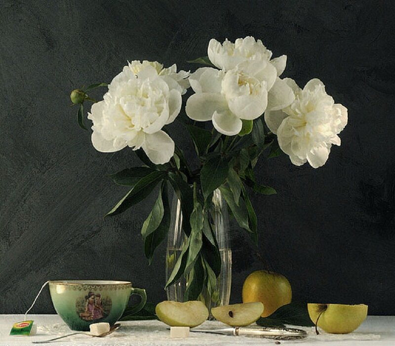 White Peonies in Vase — Serene, Photograph, Tea Cup, Pears