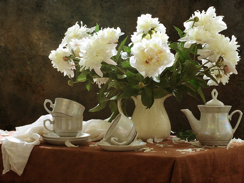 White Peonies in Vase — Serene, Photograph, Teacups