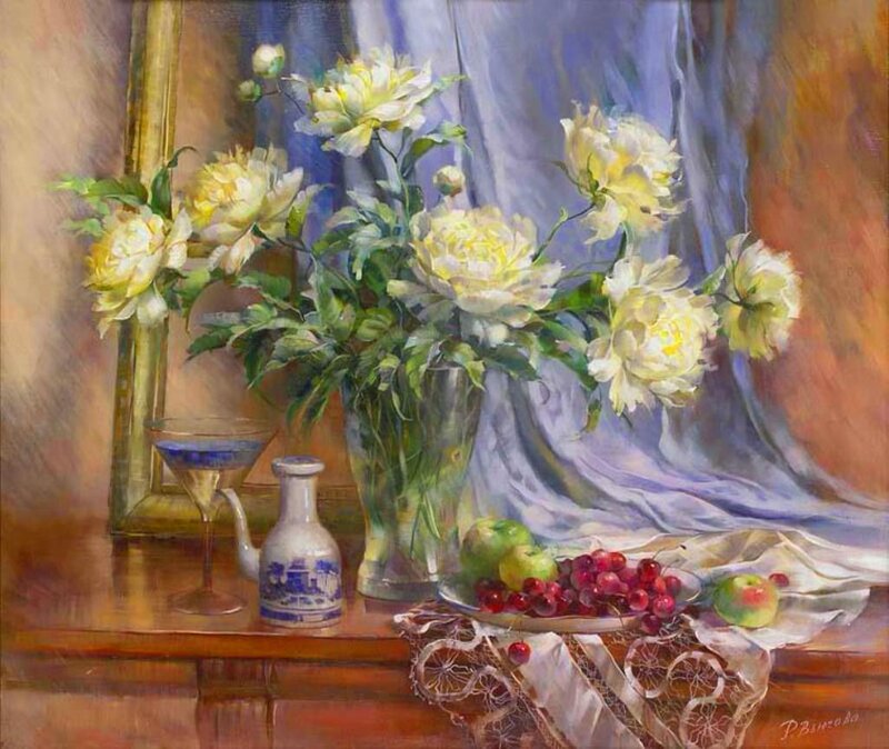 White Peonies in Vase — Yellow
