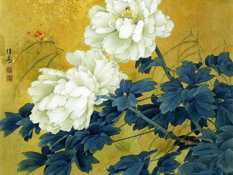White peonies on gold background