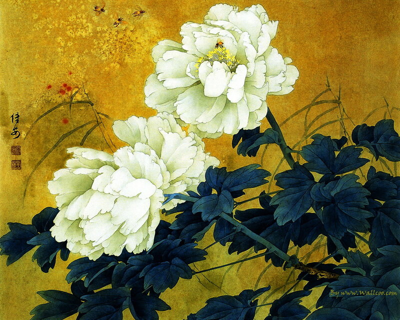 White Peonies with Bees