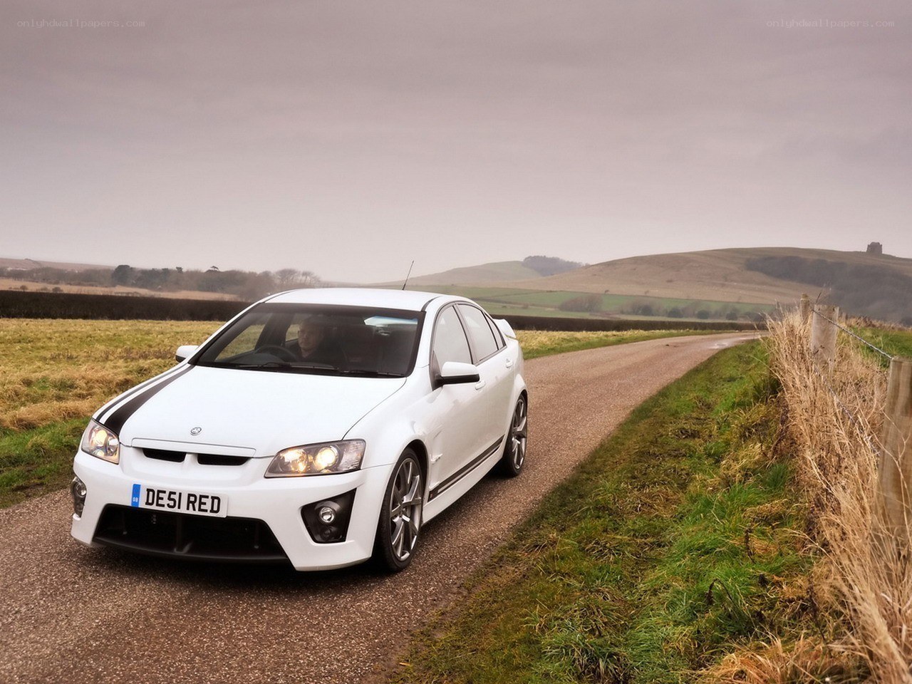 White performance car on country road