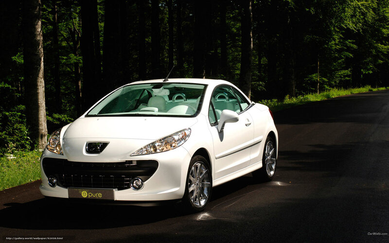 White Peugeot 207 CC on forest road