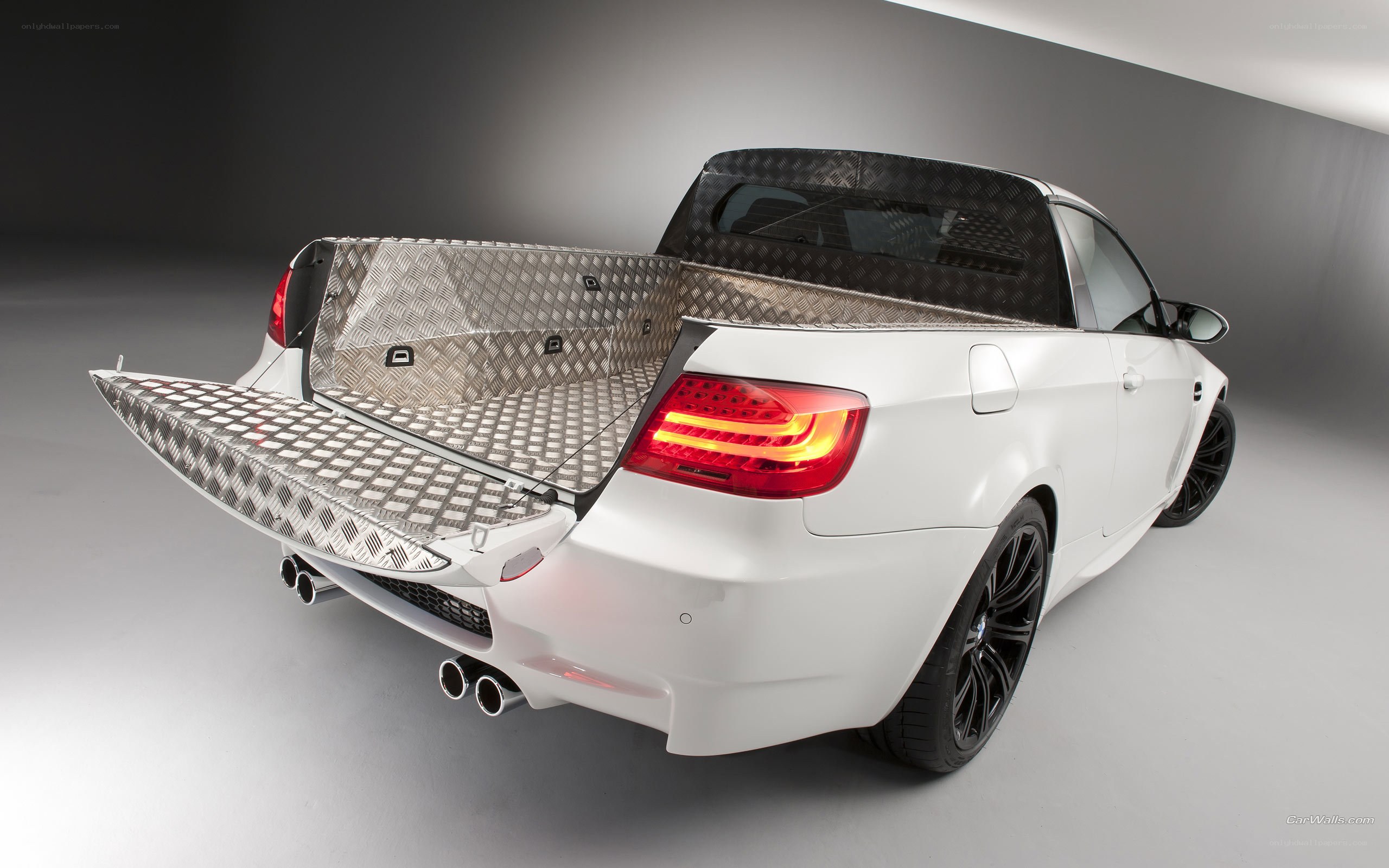 white pickup car with diamond plate