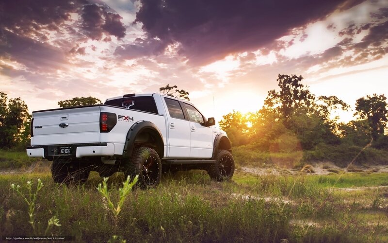 White pickup truck at sunset