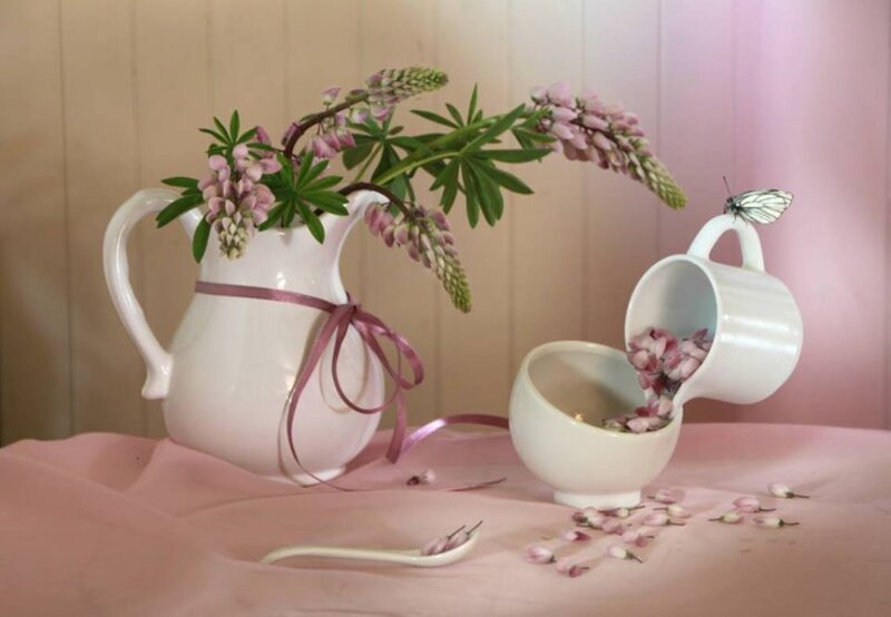 White Pitcher with Flowers — Pink