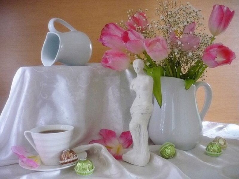 White Pitcher with Flowers — Serene, Photograph