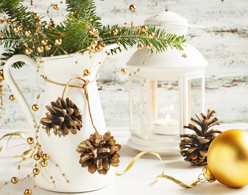 White Pitcher with Pinecones