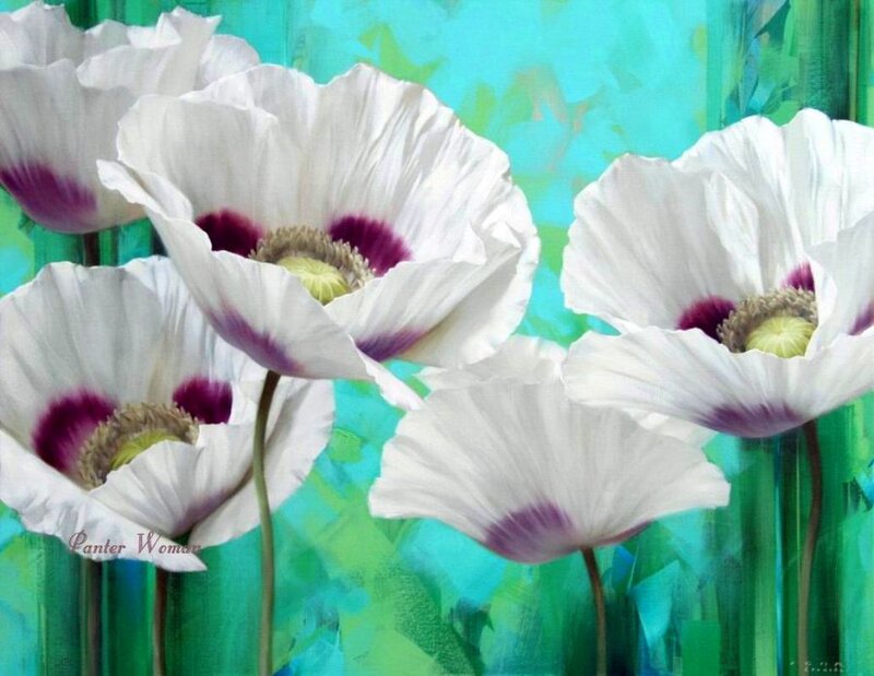 White Poppy Flowers — Serene, Painting
