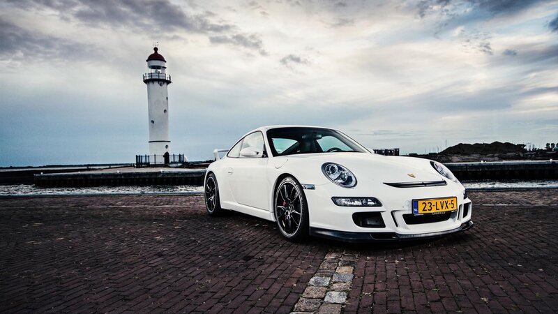 White Porsche at lighthouse