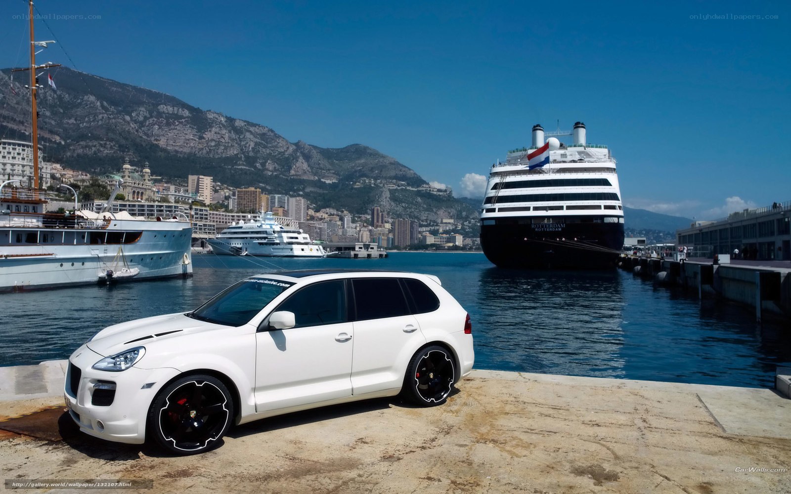 White Porsche Cayenne at Monaco port