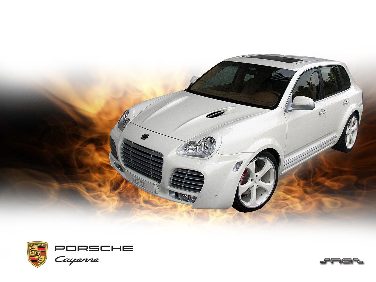 White Porsche Cayenne with flames