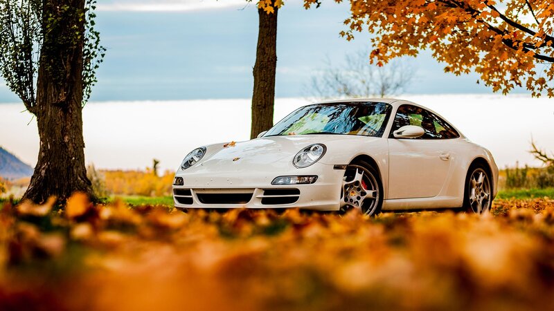 White Porsche in autumn leaves