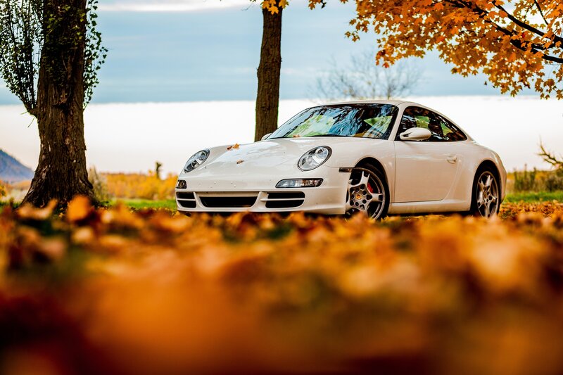 White Porsche in autumn leaves