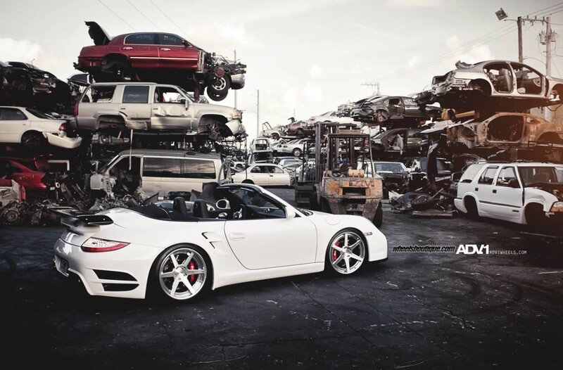 White Porsche in junkyard