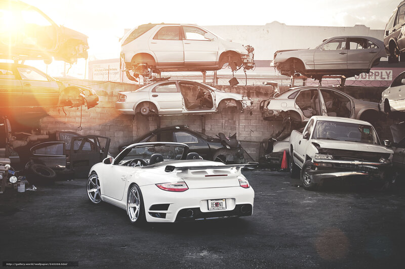 White Porsche in Junkyard — Dramatic