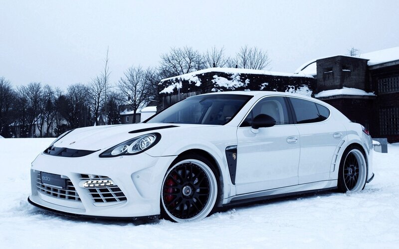 White Porsche in the snow